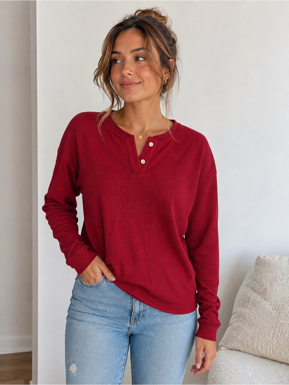 Banana Republic Women’s Medium Red Waffle Knit Henley Long Sleeve Top